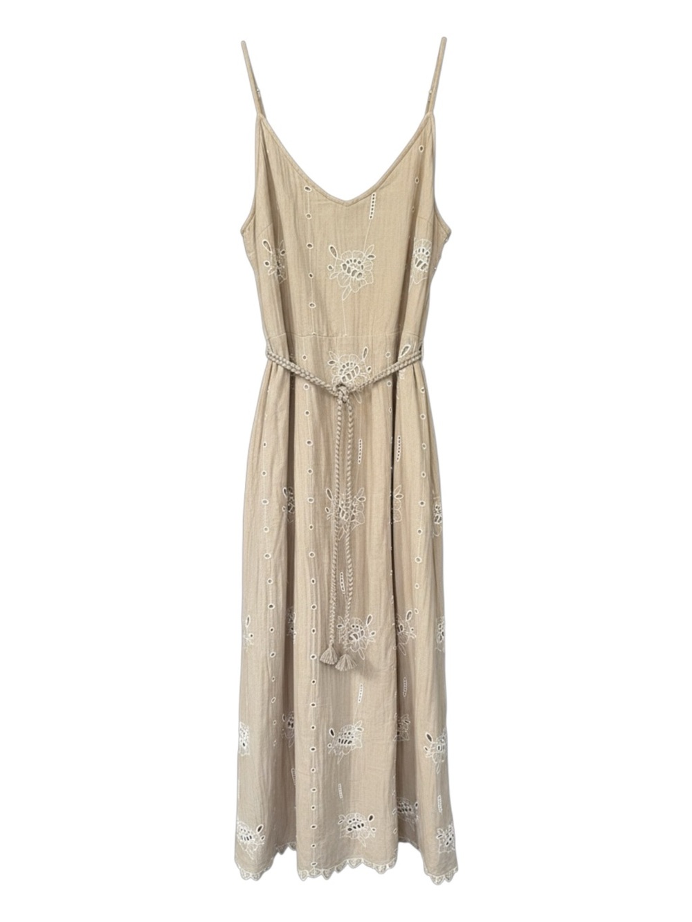 Universal Thread Embroidered 100% Cotton Dress M Tan Eyelet Fully Lined Boho